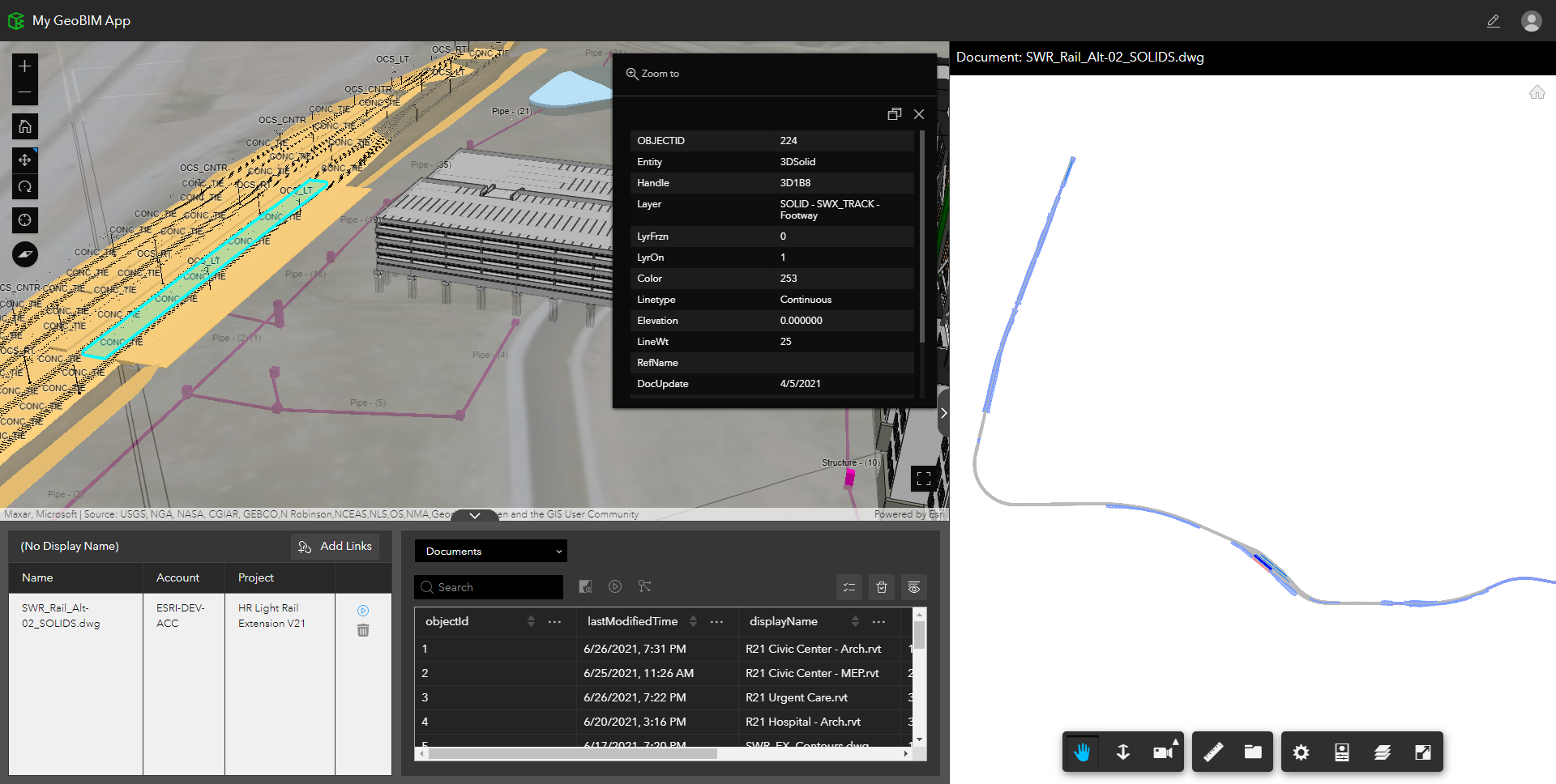 ArcGIS GeoBIM infrastructure feature linked to Autodesk Civil 3D model